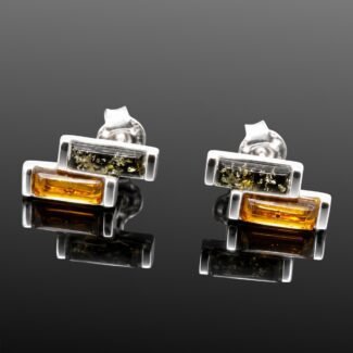 Two tone amber stud earrings green cognac mirrored sterling silver Gdansk designer