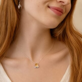 Textured gold circle satin silver circle off-centre white topaz pendant 16mm sterling silver 925
