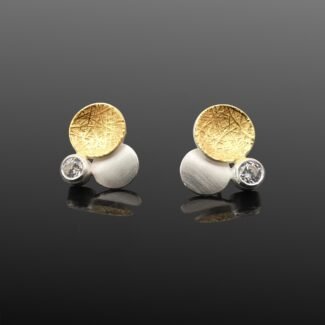 Silver circle stud earrings gold texture satin finish white topaz Polish artist final collection