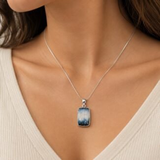 One of a kind glacierite necklace worn on neckline 42cm sterling silver chain