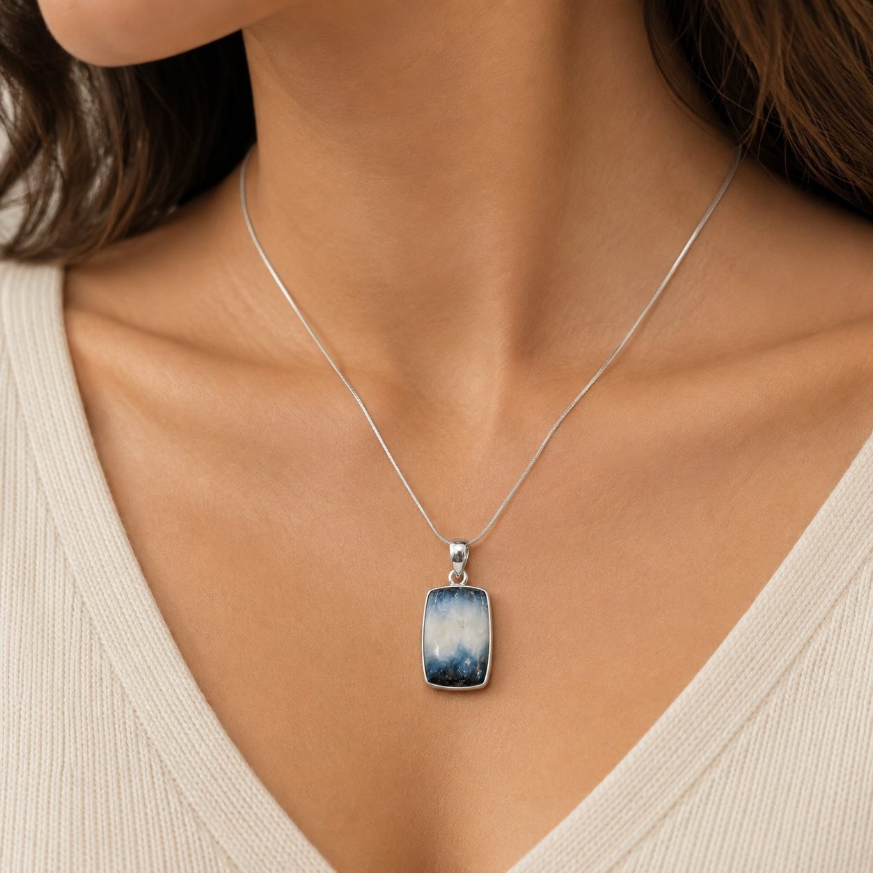 One of a kind glacierite necklace worn on neckline 42cm sterling silver chain