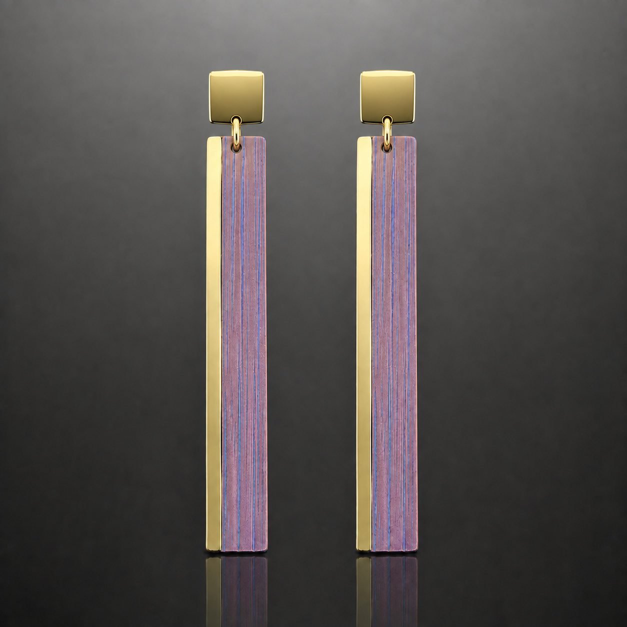 gold_and_purple_striated_drop_earrings_titanium_moon_jewellery Titanium drop earrings pink gold Polish designer minimalist 62mm lightweight statement