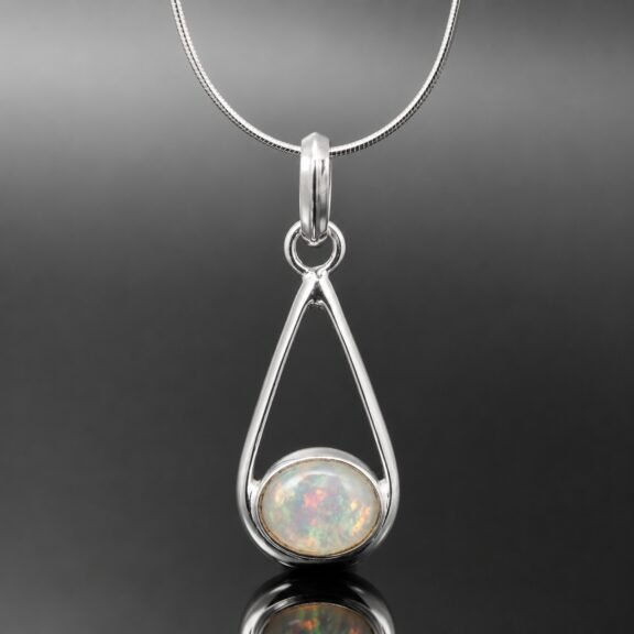 Ethiopian opal necklace cabochon mirrored sterling silver one of a kind 35mm pendant
