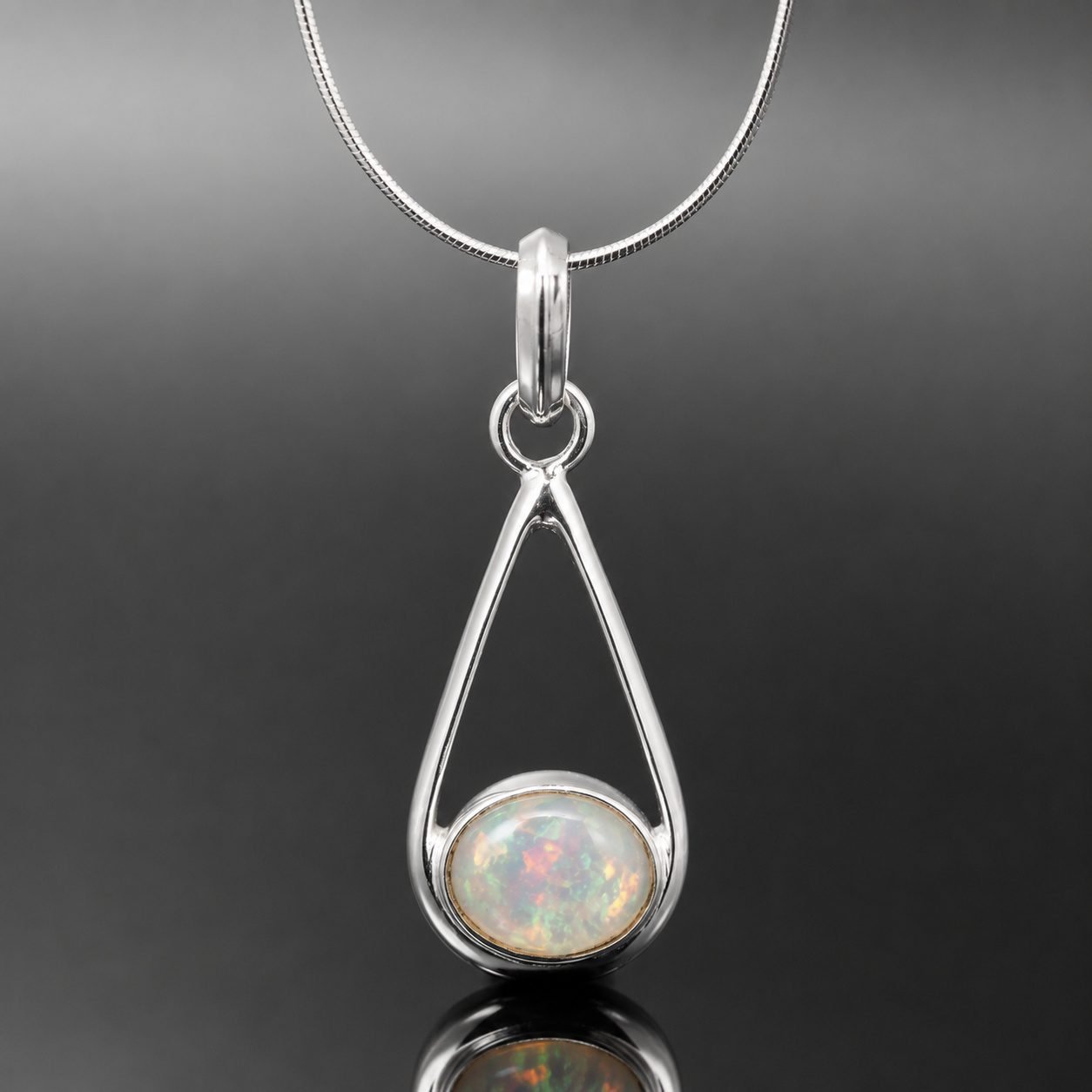 Ethiopian opal necklace cabochon mirrored sterling silver one of a kind 35mm pendant