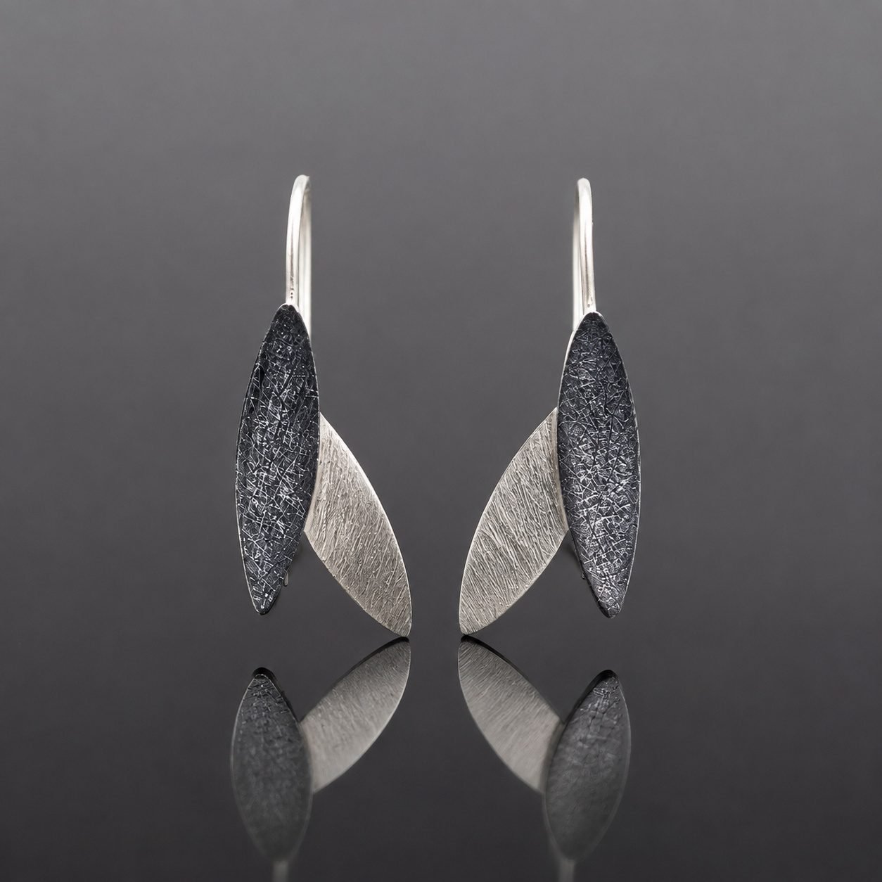 Oxidised petal earrings two tone silver drop Polish artist final collection