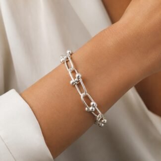 Substantial silver peppercorn bracelet worn on wrist chunky bold timeless design