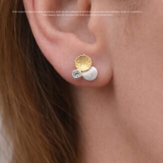 Textured gold circle satin silver circle off-centre white topaz stud earring sterling silver 925