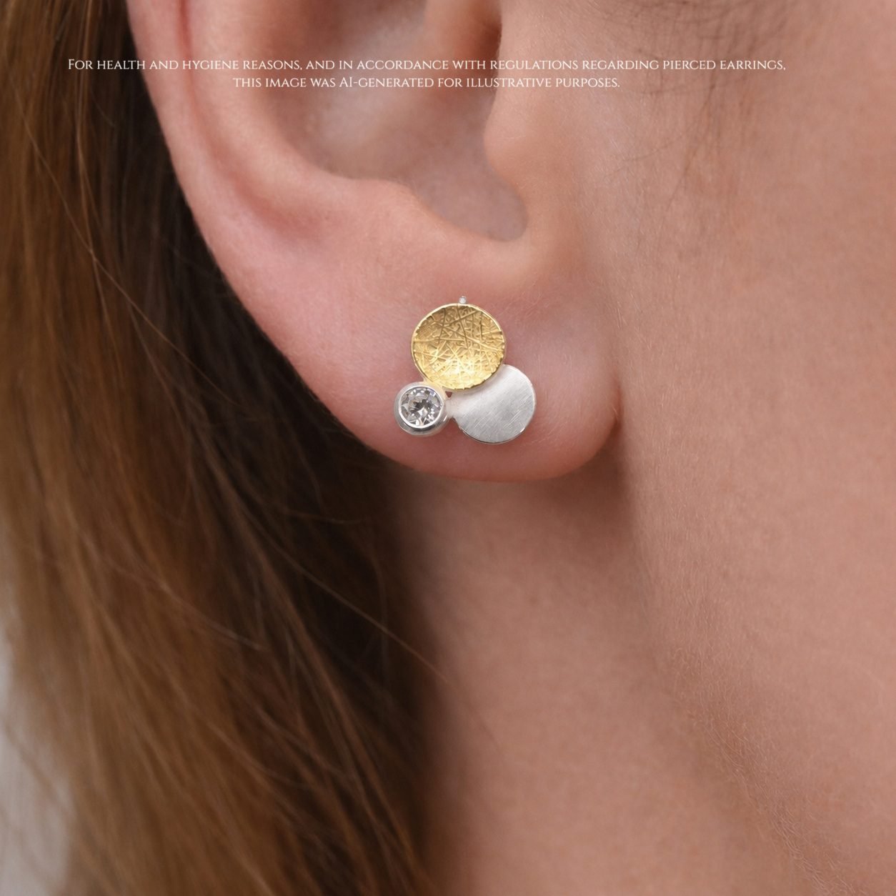 textured_gold_and_silver_cluster_earring_moon_jewellery Textured gold circle satin silver circle off-centre white topaz stud earring sterling silver 925