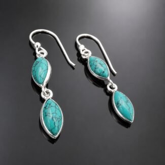 Turquoise drop earrings Tibetan marquise mirrored sterling silver handmade