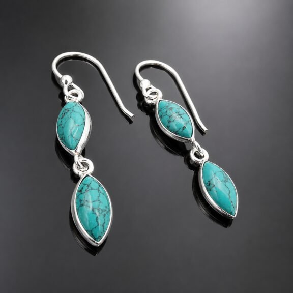 Turquoise drop earrings Tibetan marquise mirrored sterling silver handmade