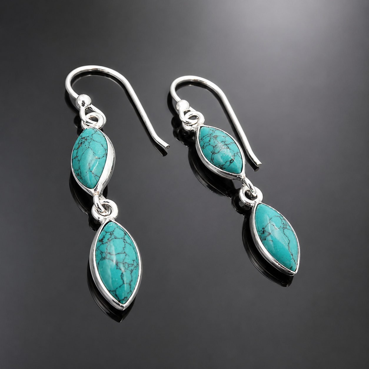 turquoise_earrings_moon_jewellery_uk Turquoise drop earrings Tibetan marquise mirrored sterling silver handmade