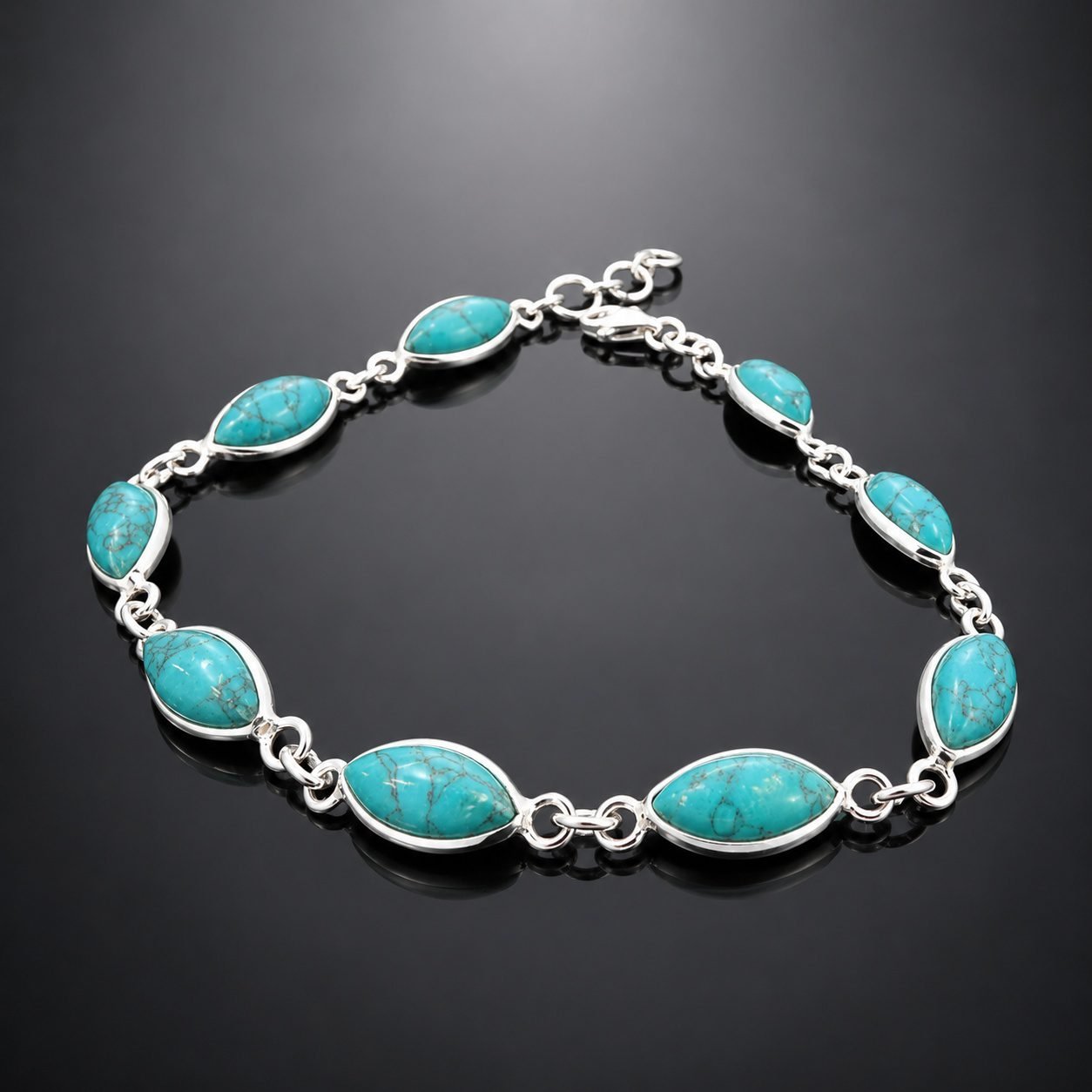 Turquoise bracelet Tibetan stone mirrored sterling silver handmade 17cm classic