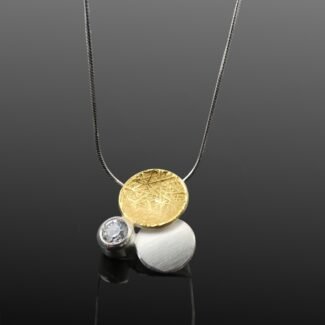 Silver circle necklace gold texture satin finish white topaz Polish artist final collection 16mm
