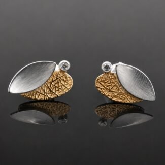 Silver petal stud earrings gold texture satin finish white topaz Polish artist final collection