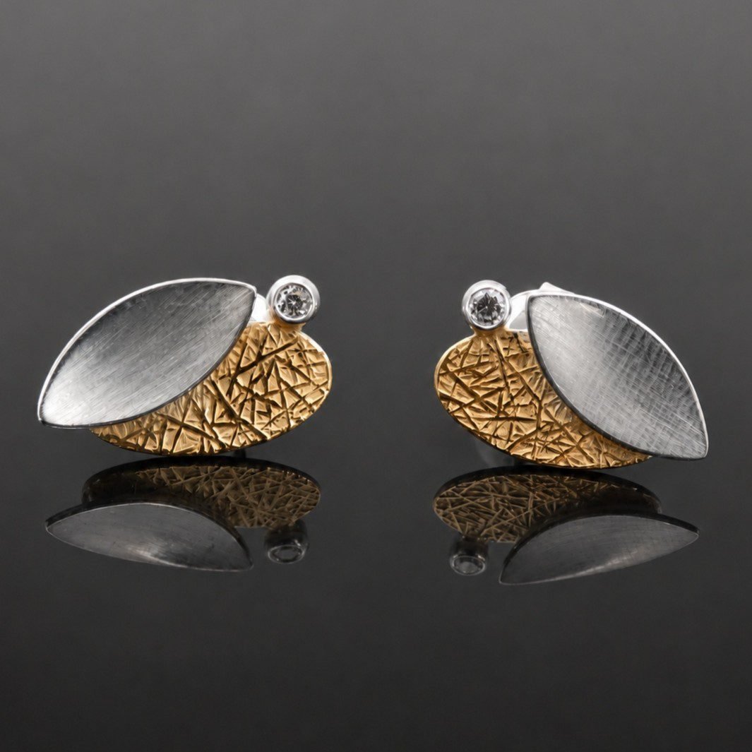 Silver petal stud earrings gold texture satin finish white topaz Polish artist final collection