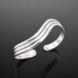 Three parallel wave lines mirrored sterling silver 925 cuff bracelet close up