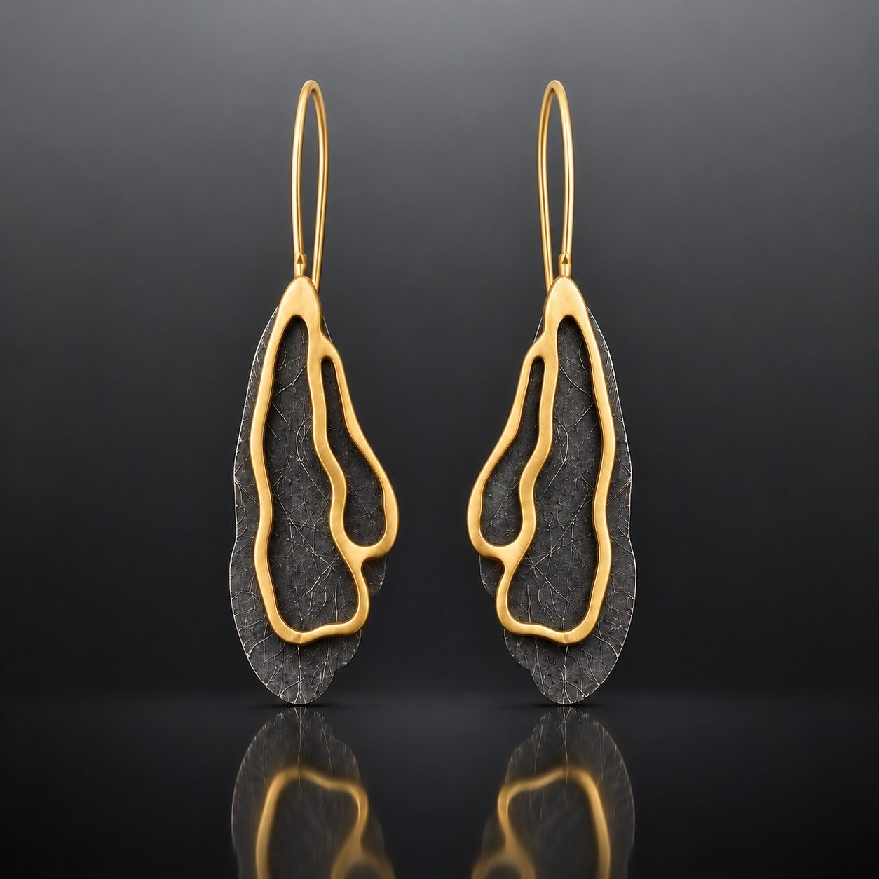 Long hook sculptural drop earrings 48mm ruthenised silver back Polish designer