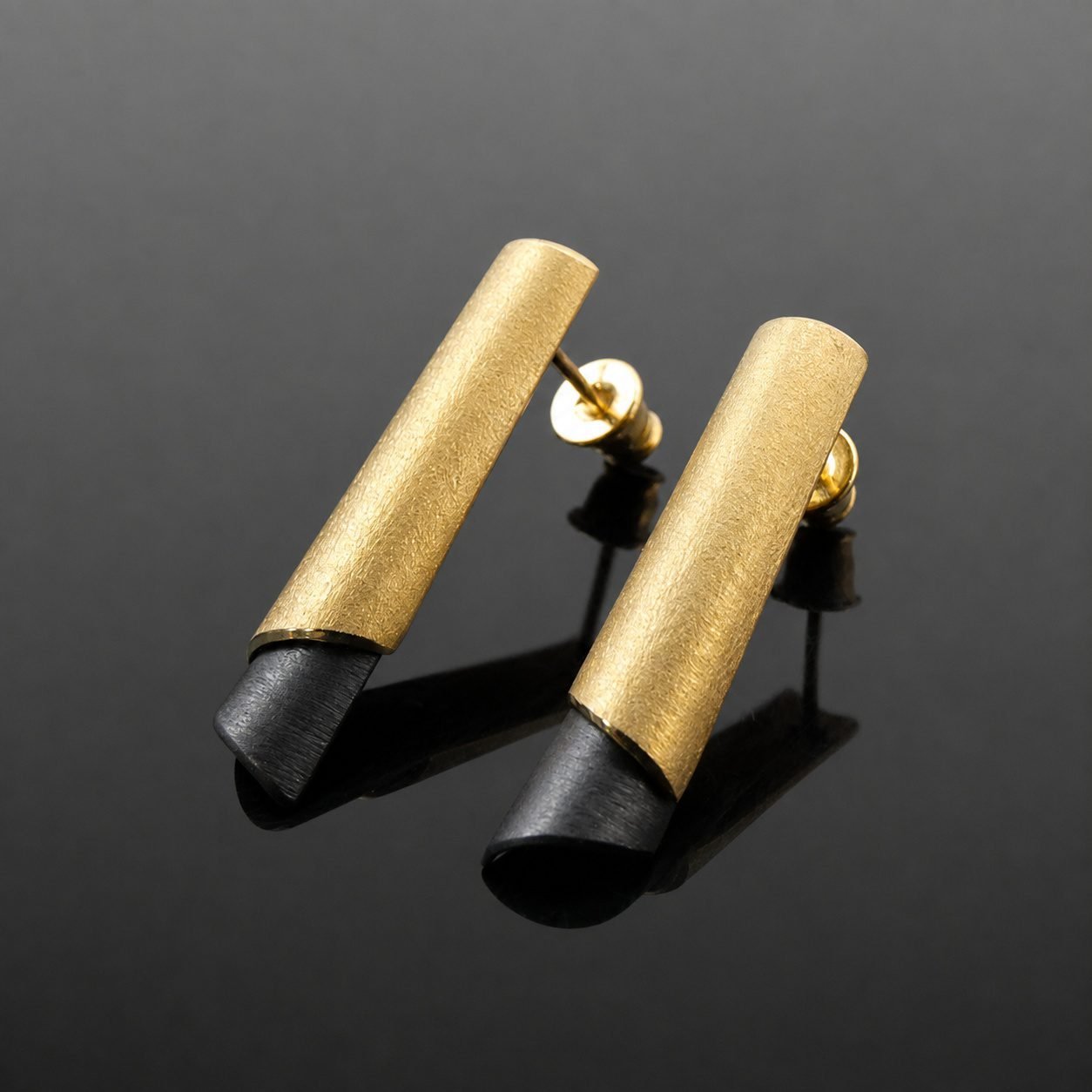 Black and gold stud earrings ruthenised sterling silver brushed gold edges Polish designer 28mm