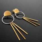Three movable gold bars open circle brushed silver half circle statement earrings handmade