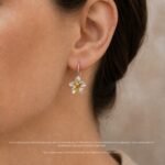 Delicate orchid flower drop earrings worn satin silver gold stems handmade nature jewellery