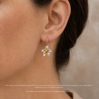 Delicate orchid flower drop earrings worn satin silver gold stems handmade nature jewellery