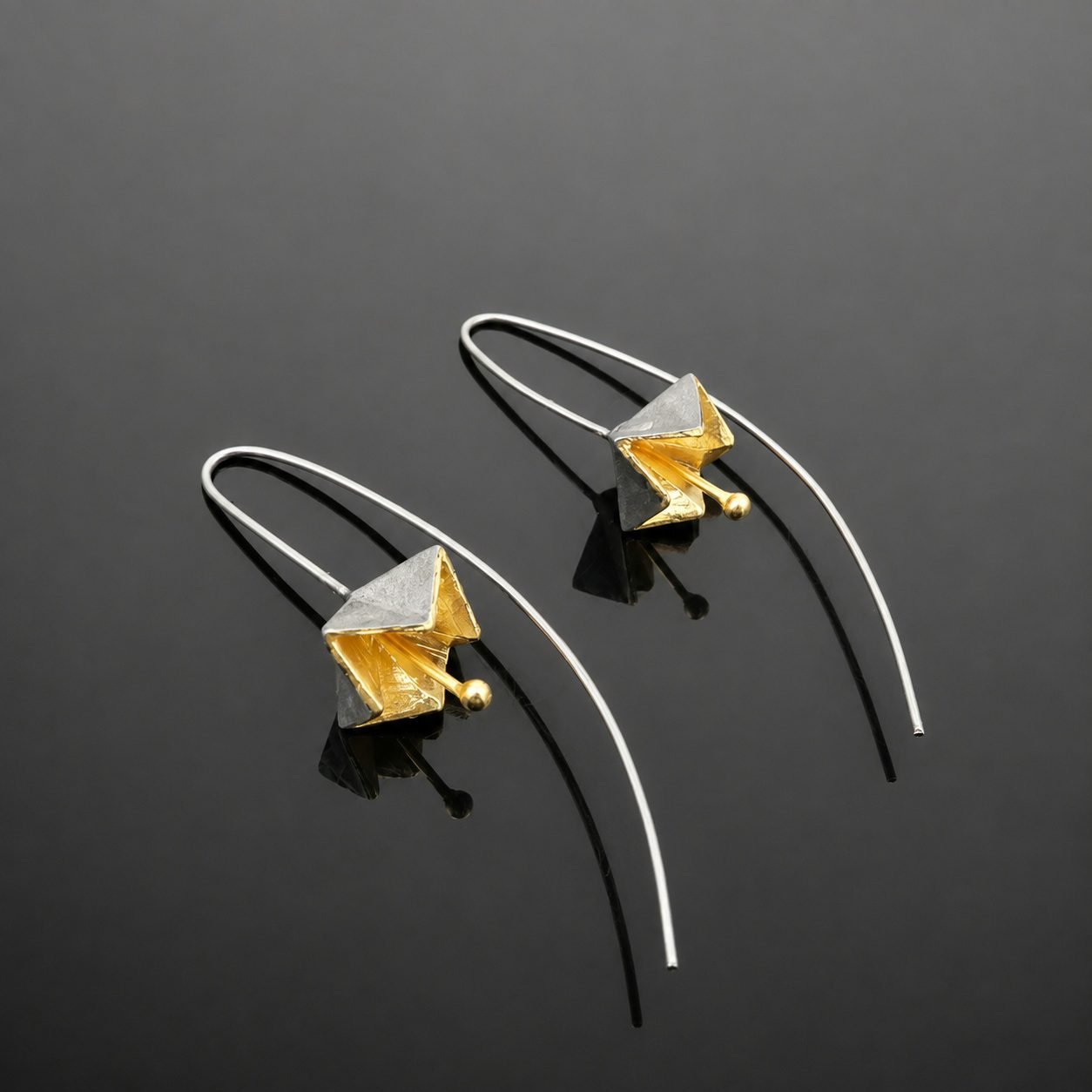 origami black nd gold earrings contemporary jewellery durham uk moon jewellery origami flower sterling silver earrings