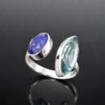 Sapphire and topaz ring oval deep blue sapphire marquise sky blue topaz mirrored silver adjustable
