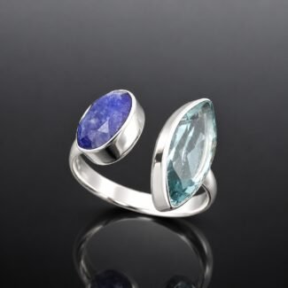 Sapphire and topaz ring oval deep blue sapphire marquise sky blue topaz mirrored silver adjustable