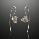 Pansy earrings satin silver gold stem handmade 16mm front nature inspired