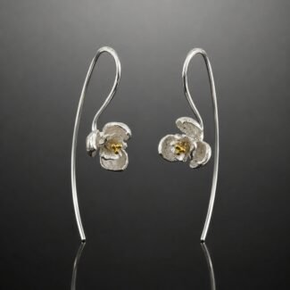 Pansy earrings satin silver gold stem handmade 16mm front nature inspired