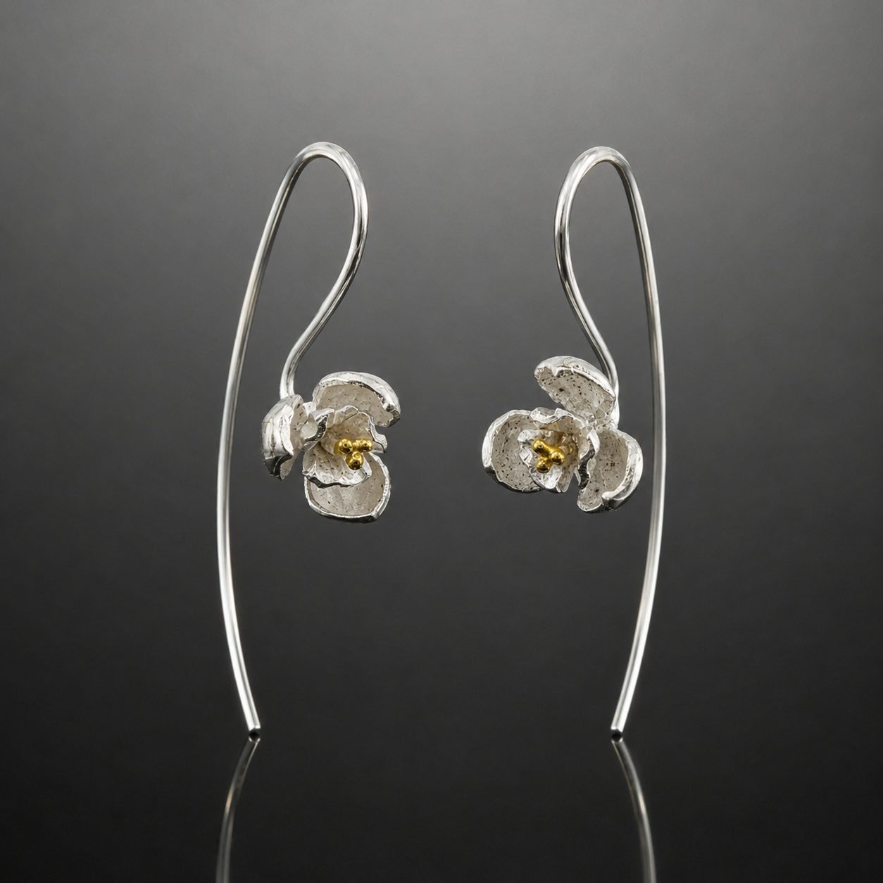 Pansy earrings satin silver gold stem handmade 16mm front nature inspired