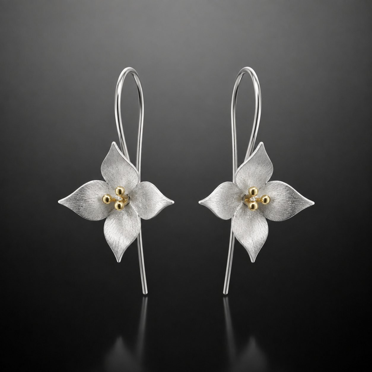 Blossom earrings four petal satin silver gold stem handmade 28mm nature inspired