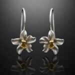 Flower drop earrings orchid satin silver gold stems handmade 21mm nature inspired