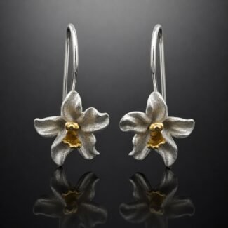 Flower drop earrings orchid satin silver gold stems handmade 21mm nature inspired