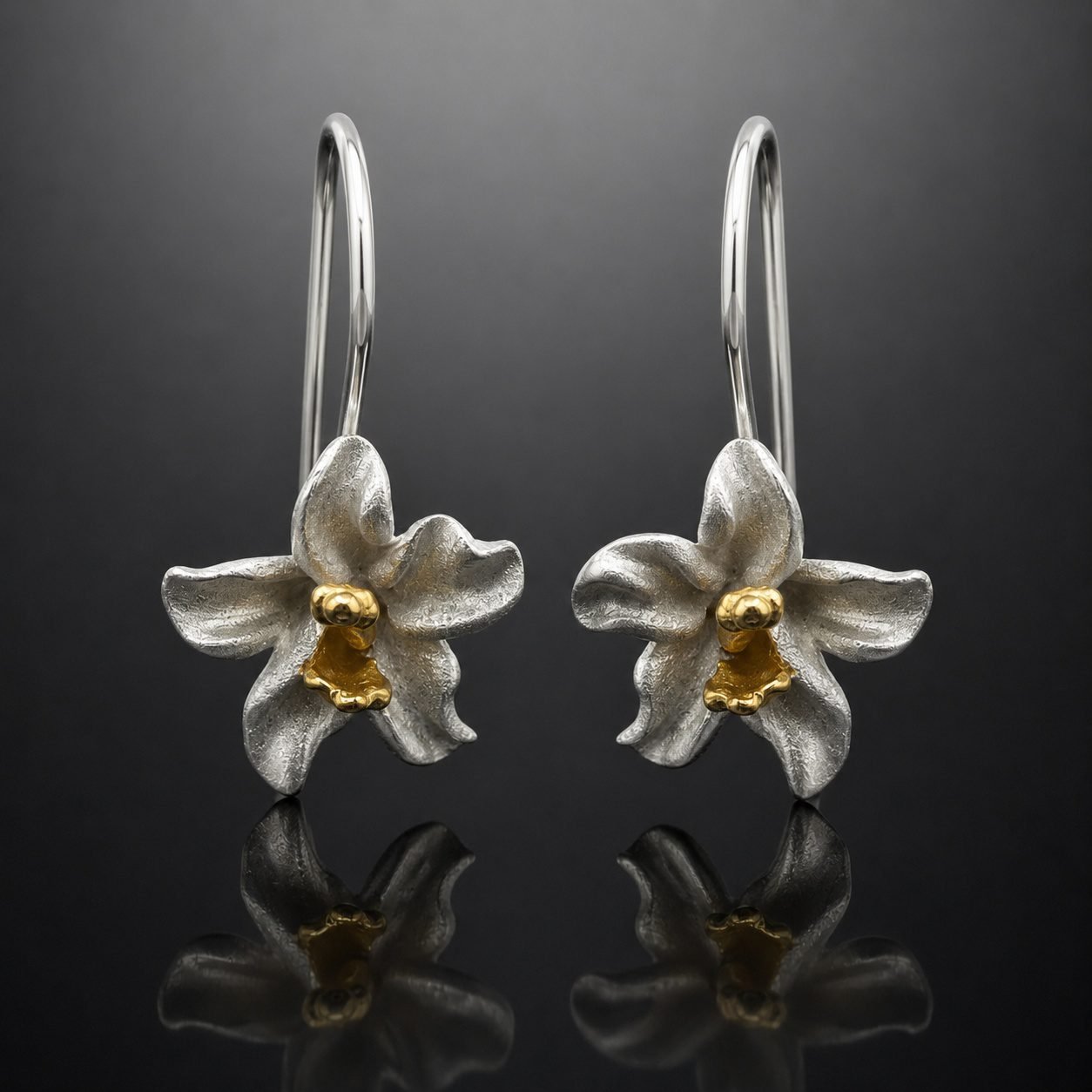 silver_and_gold_flower_earrings_bridal_jewellery_uk_moon_jewellery Flower drop earrings orchid satin silver gold stems handmade 21mm nature inspired
