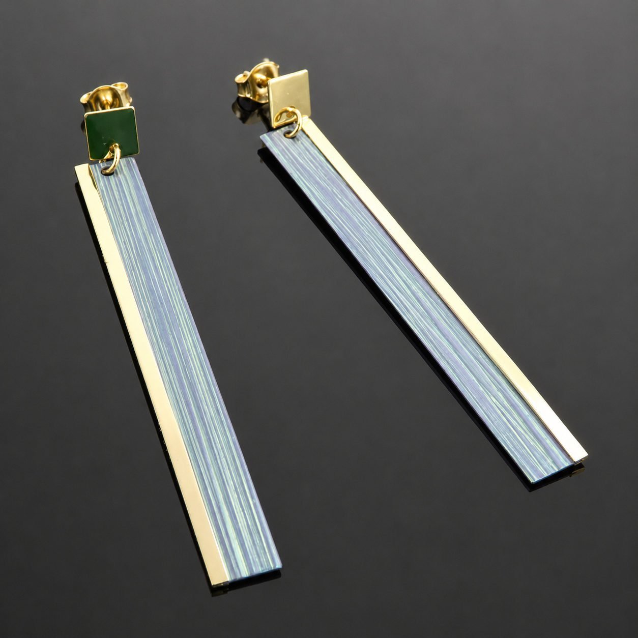 Green titanium earrings gold plated silver