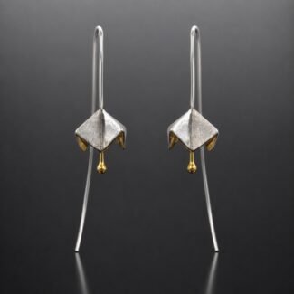 Origami earrings two tone gold plated oxidised silver Japanese flower design