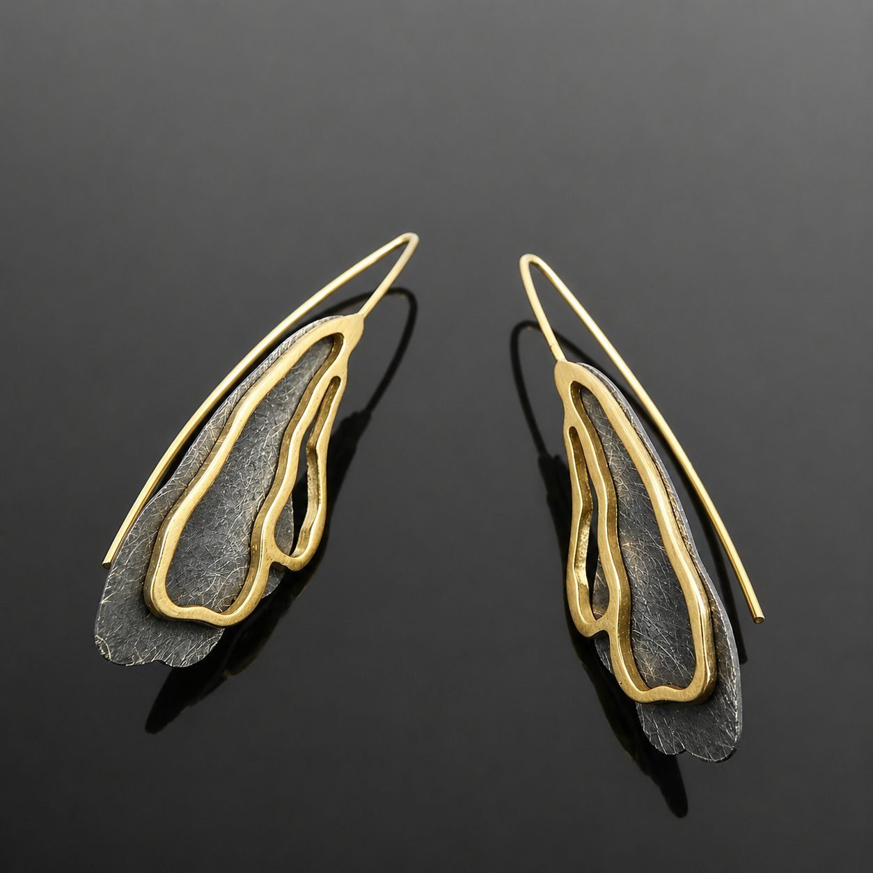 Sculptural drop earrings ruthenised black silver gold Polish designer