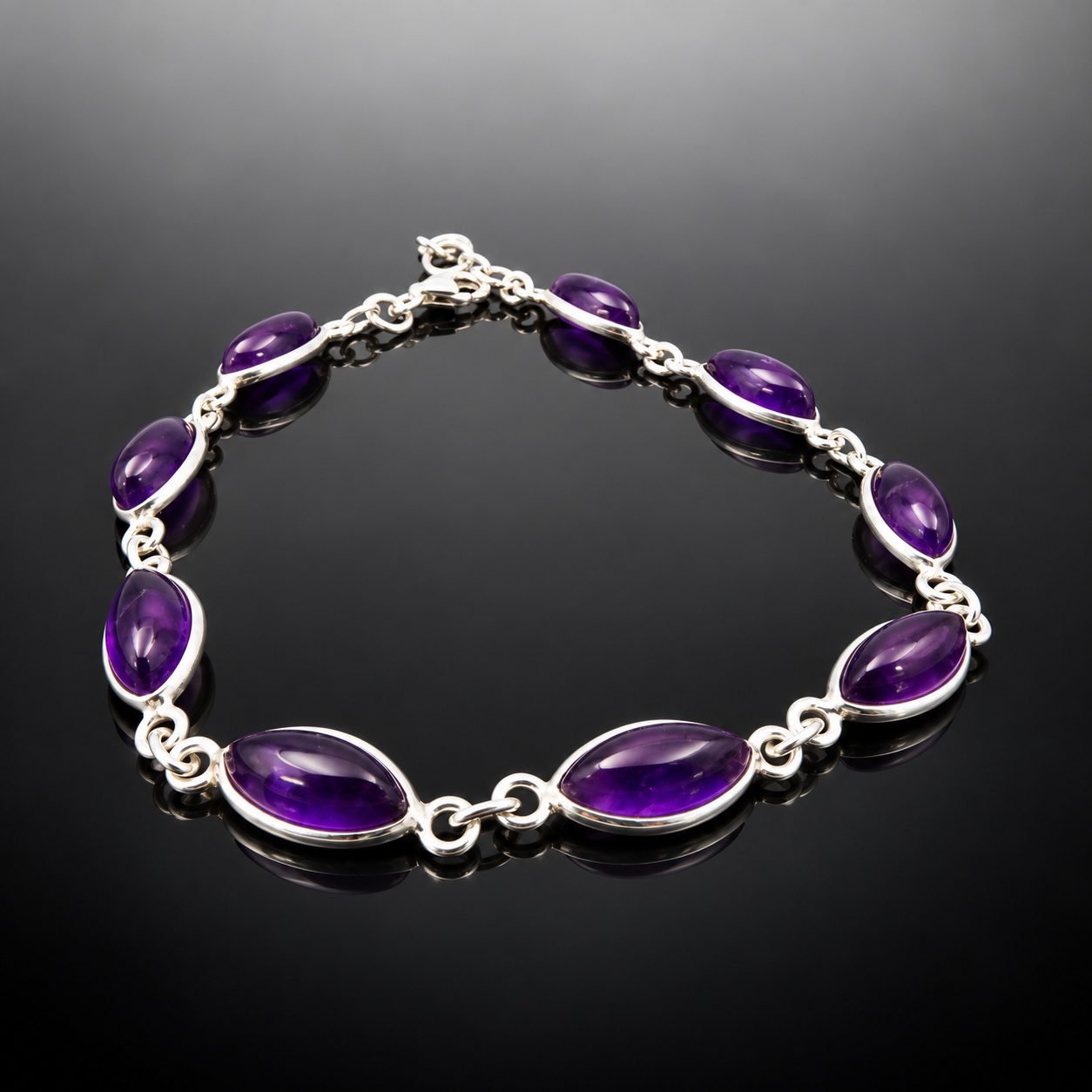 Amethyst bracelet deep purple marquise stones mirrored sterling silver link handmade 18cm