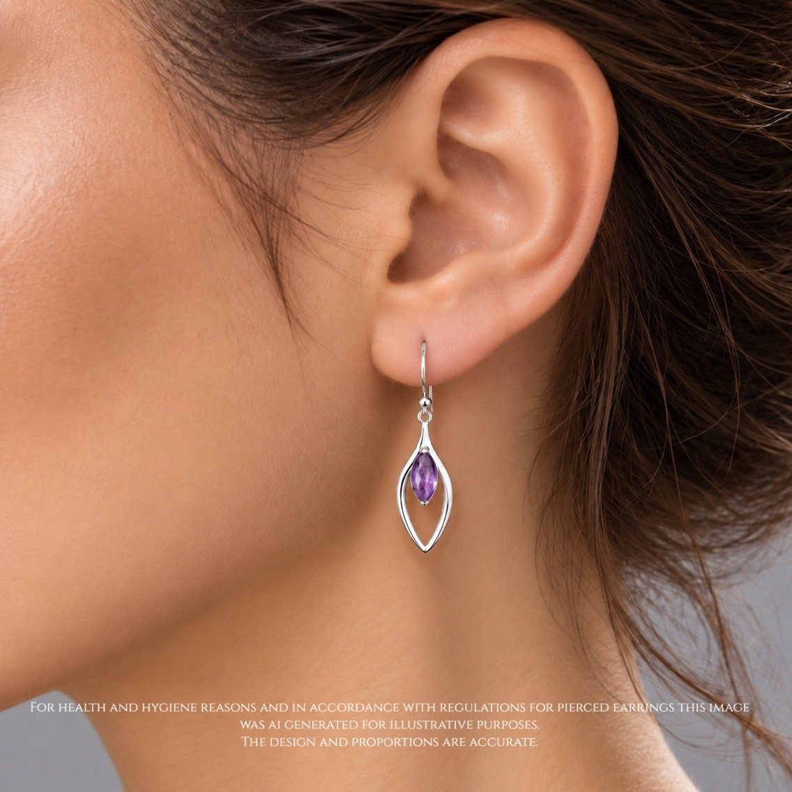 handmade amethyst silver dangly earrings moon jewellery uk Handmade amethyst drop earrings worn marquise purple gemstone mirrored silver cut out frame