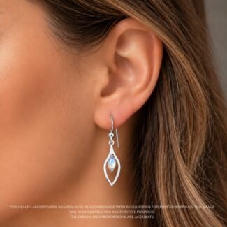 Handmade marquise moonstone earrings worn mirrored silver cut out frame contemporary
