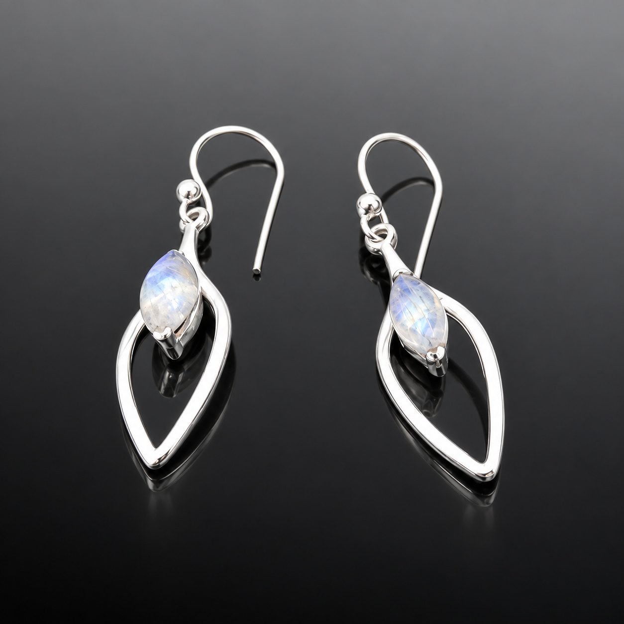 moonstone_earrings_moon_jewellery Marquise moonstone earrings cut out mirrored silver frame hook 38mm handmade