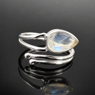 Adjustable moonstone ring wrap around mirrored sterling silver band handmade