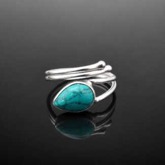 Turquoise ring Tibetan teardrop wrap around mirrored silver adjustable handmade size N